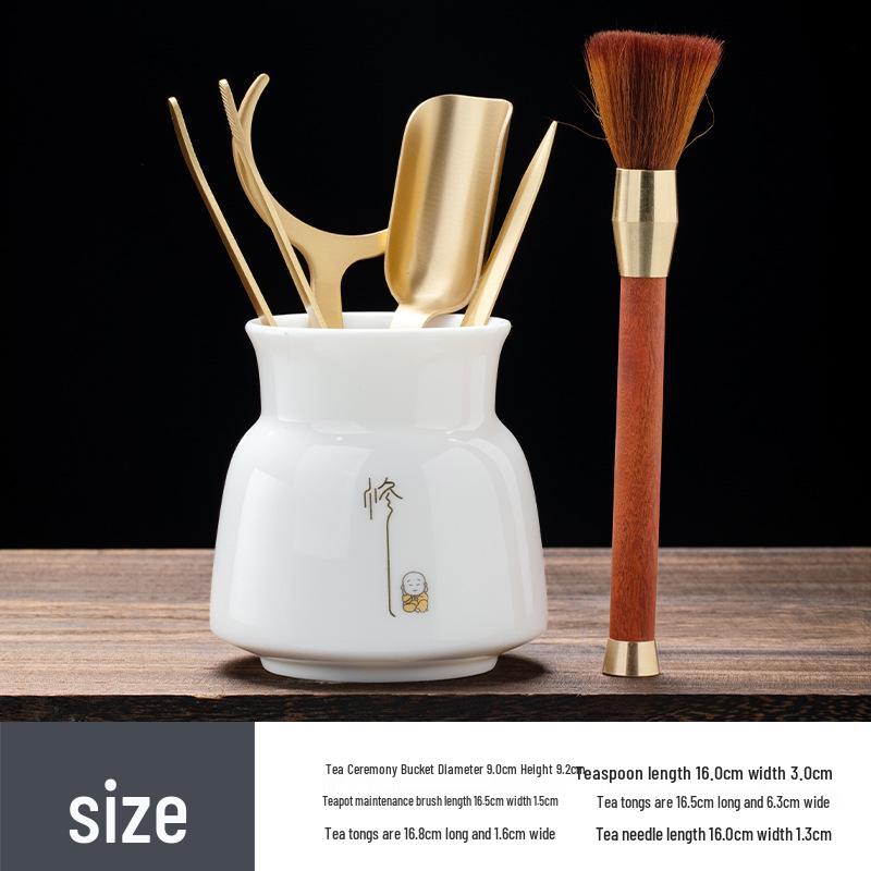 Zen Style Porcelain Tea Ceremony Set: Mutton Fat Jade & Copper Gongfu Tools - 6 Gentlemen