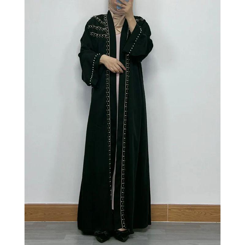 F323 Cross-Border Foreign Trade Women clothes Long dress Dubai Embroidery Lace Nail Pearl Cardigan Robe in Stock Ethnic Style