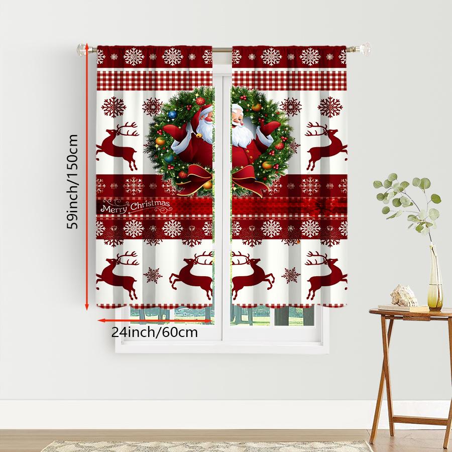 2PCS Digital Print Christmas Curtains, Red White Plaid Santa Wreath Reindeer, Classic Country Window Drapes for Holiday Decor