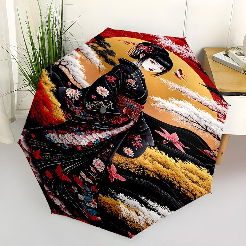 

Geisha. Cherry Blossom Themed Automatic Opening and Closing Umbrella, Brightly Colored 8-rib Portable Umbrella, Suitable for Men and Women,