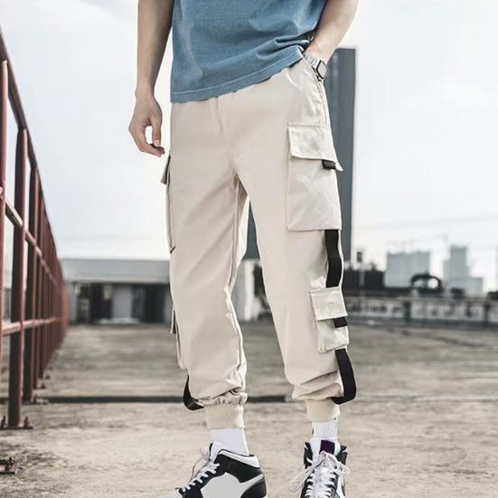 Herre Cargobukser Løse ankelbånd med snøring Elastisk midje Ensfarget multilommer Stroppdekor Fitness Streetwear Utendørs reisesportsbukser