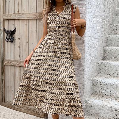 Damenmode Sommer Frühling Geometrischer Druck Ärmellos V-Ausschnitt Hohe Taille Freizeitkleider