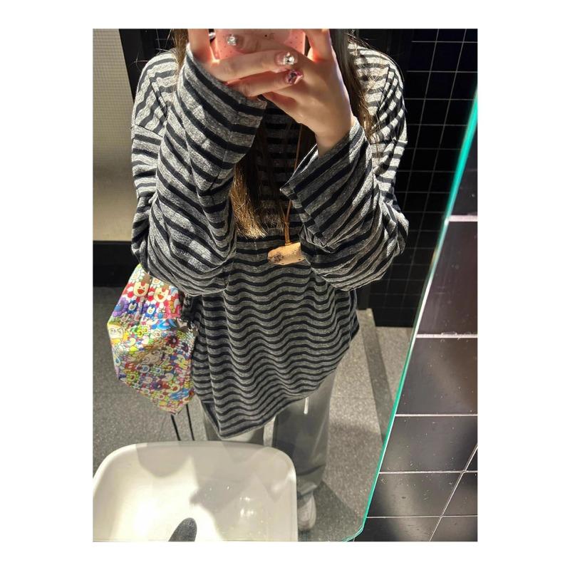 Корейская контрастная полосатая рубашка с длинным рукавом Женская раннеосенняя Новинка Свободная Ленивая Корейская версия Свободный топ S