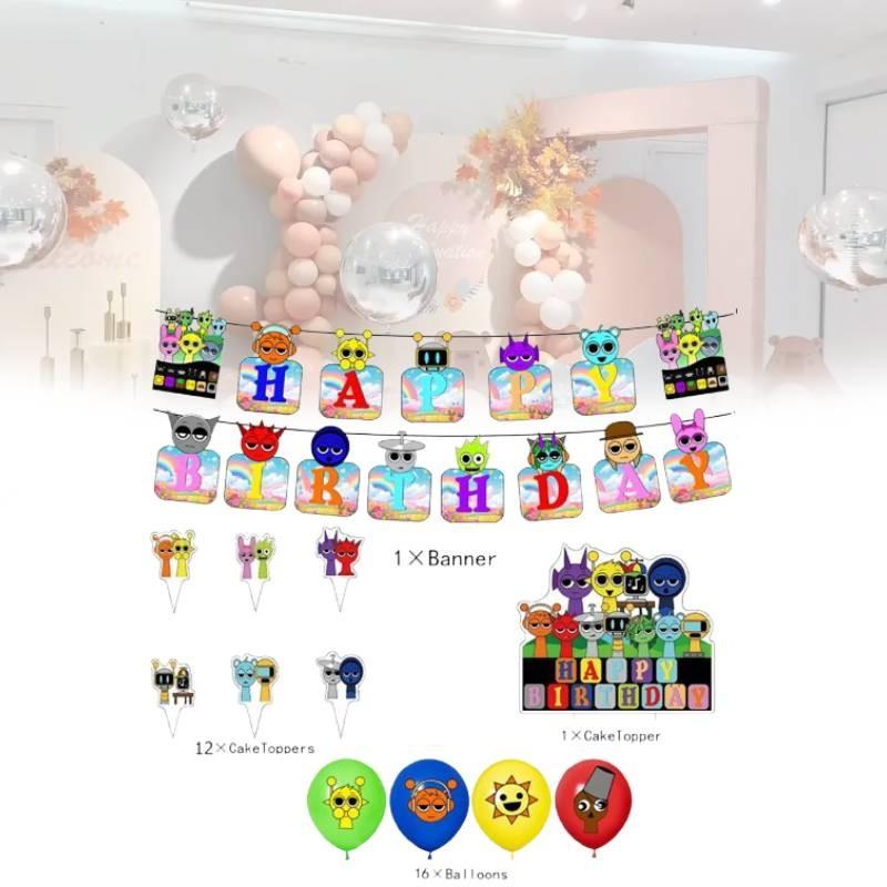 Festive Incredibox Sprunki Birthday Party Decoration Set With Colorful Balloons And Banners