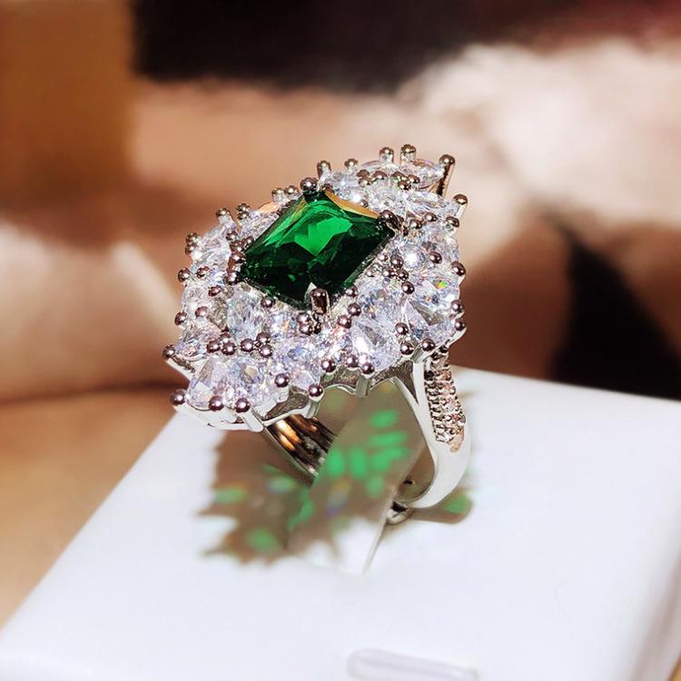 New Simulation Emerald Tourmaline Opening Ring Female Luxury Princess Square Full Diamond Ring