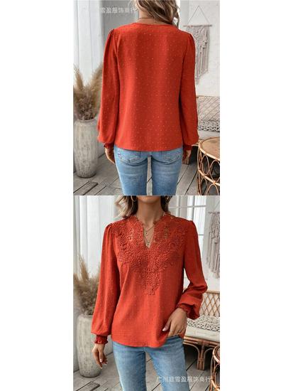 Autumn/Winter V-Neck Lace Long Sleeve Casual Solid Color Women's Top