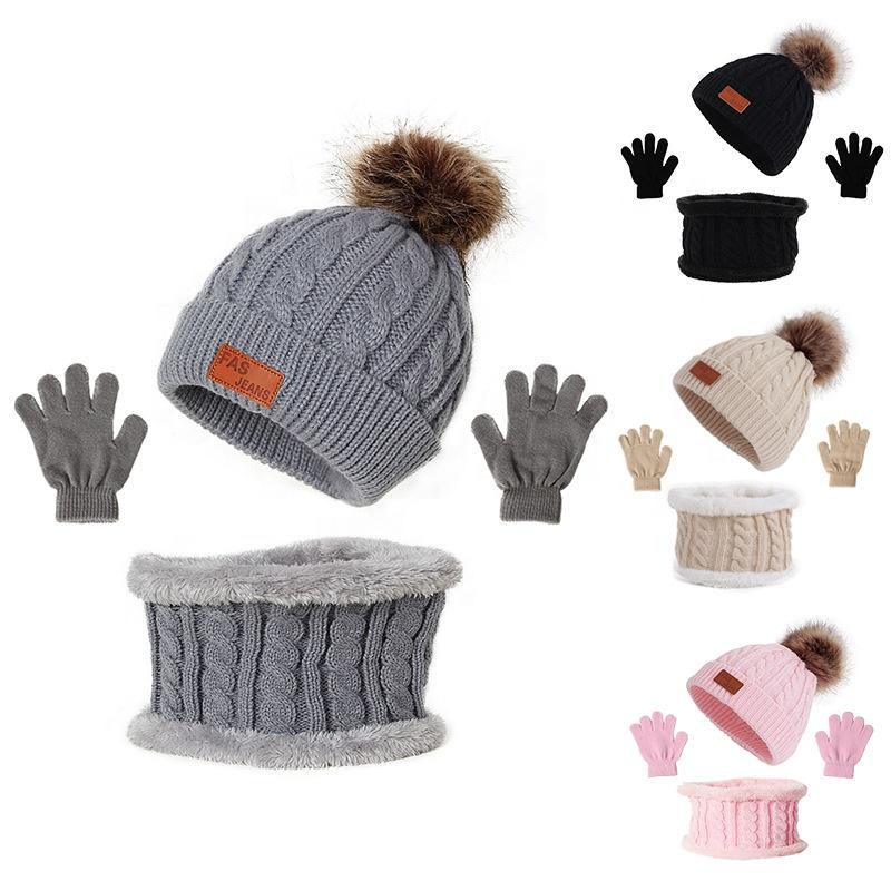 3 Stück Baby Mütze Schal Winter Gestrickt Polyester Beanie Kleinkind Mütze Kinder Junge Mädchen Säugling Flacher Rand Bommel Mützen Set Warm
