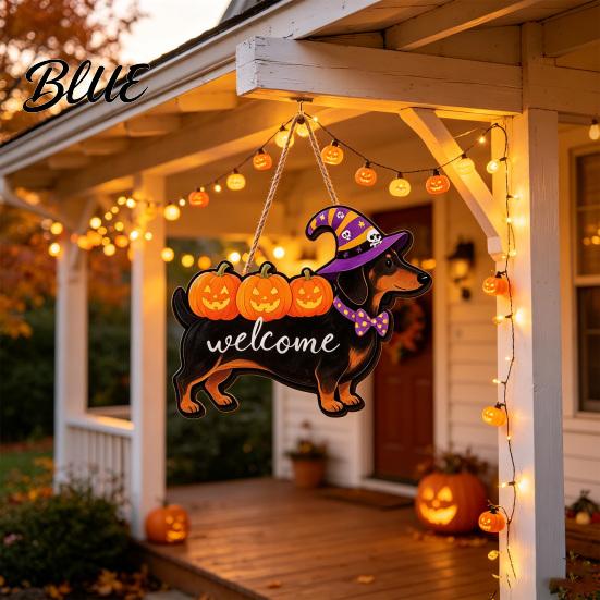 Rustic Wood Sign Halloween Ghost Welcome Door Hanger, Cute Wooden with Witch Hat & Pumpkin Hanger Elements, Fall Indoor Outdoor Wall Decor for Holiday