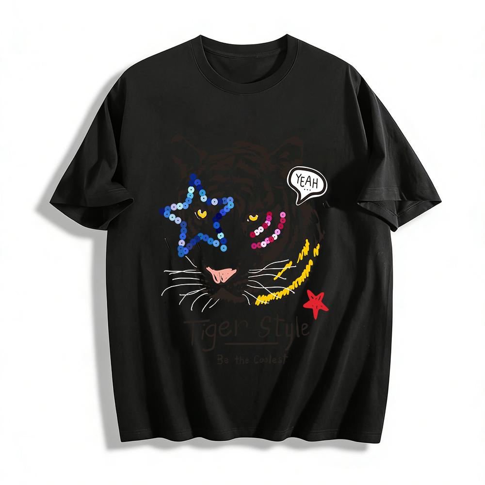 Trendy Tiger Style Graphic Tee Cool Casual Streetwear Top Pure cotton T-shirt XXS