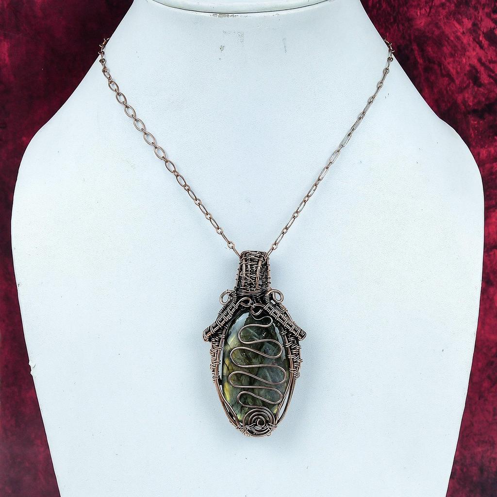 Labradorite Pendant Copper Wire Wrapped Gemstone Jewelry Handmade Dainty Pendant