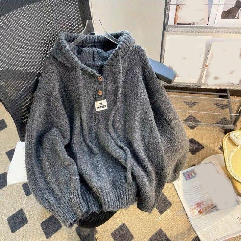 Herbst und Winter Kapuzenpullover Damen Langarm Warme Knöpfe Lockerer Pullover Solides Sweatshirt