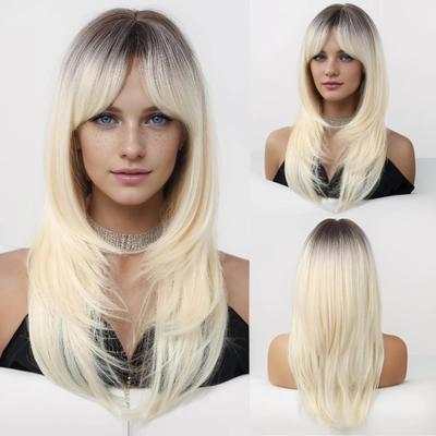 Blonde Brown Ombre Synthetic Wigs Long Layered Straight Wig Natural Hair for Black Women Afro Daily Party Cosplay Heat Resistant