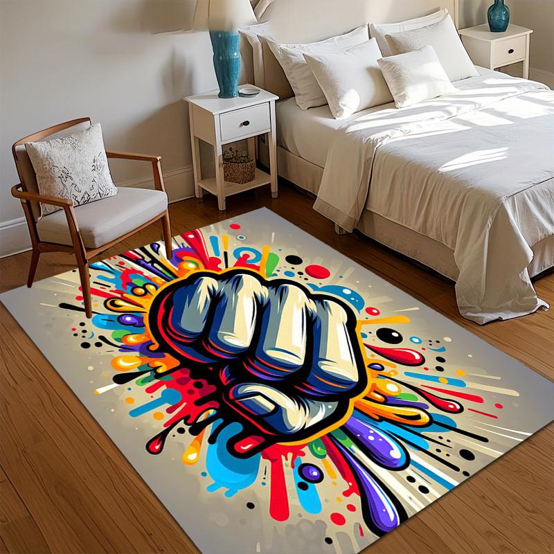 Rainbow Color Raised Fist Colorful Rug, Graffiti Fist Declare Sovereignty Art Carpet, Non-Slip Washable Carpet, Suitable