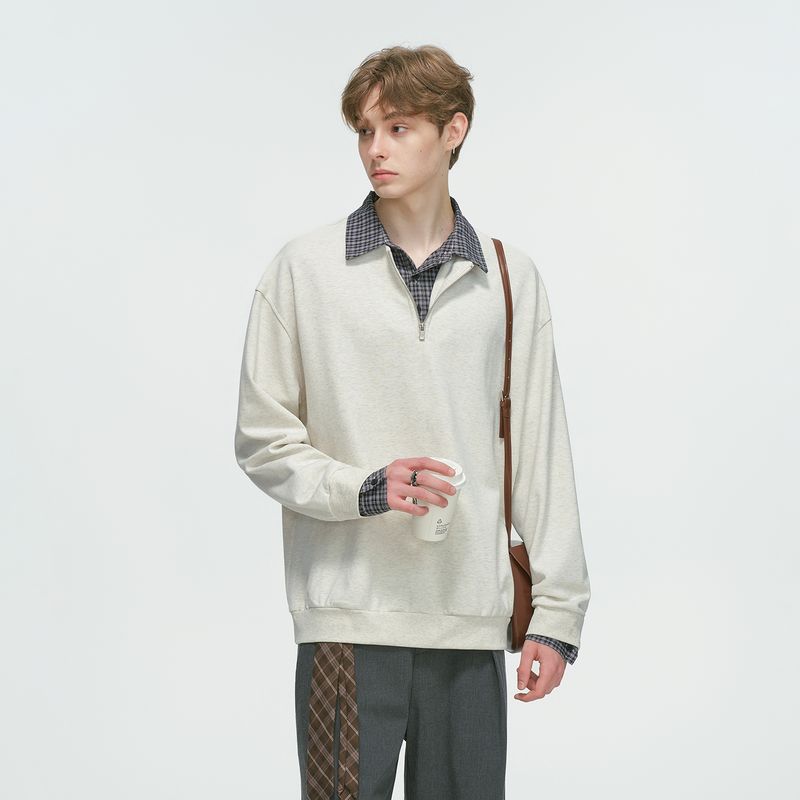 

Dream Made American-Style Fake Two-Piece Shirt Collar Polo Shirt Sweatshirt for Men, Spring and Autumn Half-Zip Inner Layer Top White Flower Ash X L