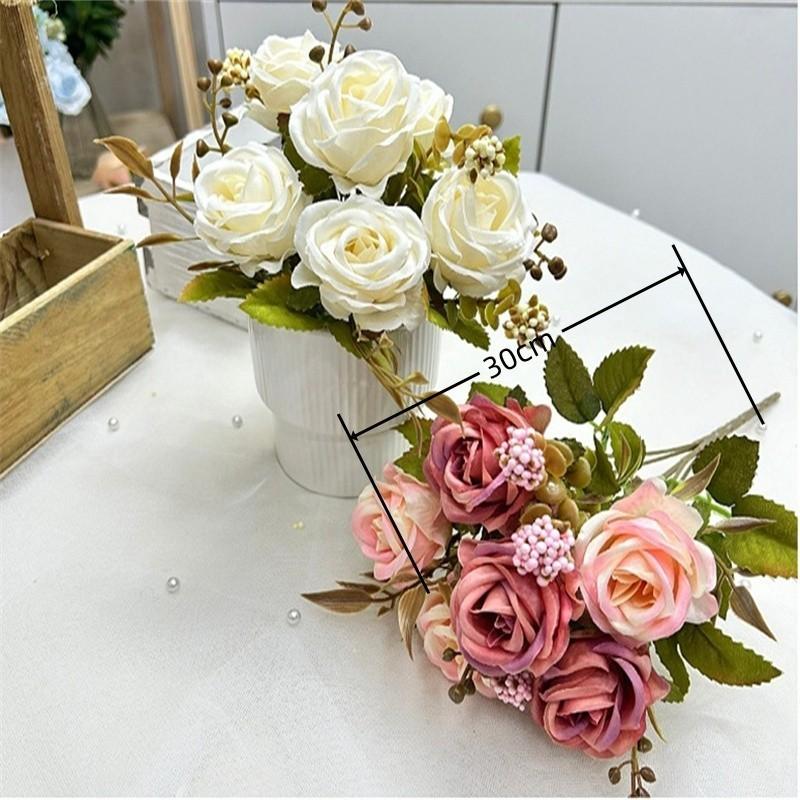 30Cm Long Artificial Flower 6 Pearls Roses Fake Flowers Premium Floral Bouquet Small Roses Silk Flowers