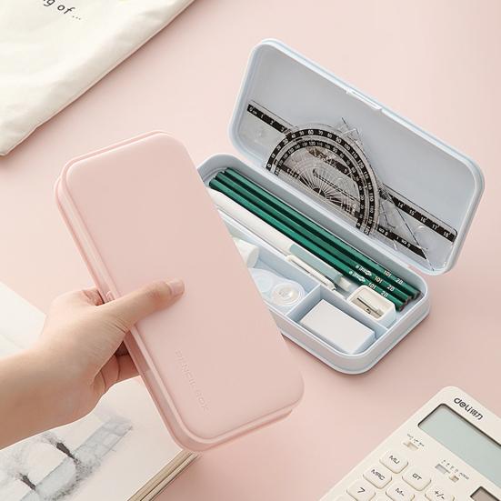 Boîte à fournitures de bureau portable, fine et de grande capacité, couleur macaron, avec compartiments de rangement et coque antichoc. Organisateur de stylos de bureau.