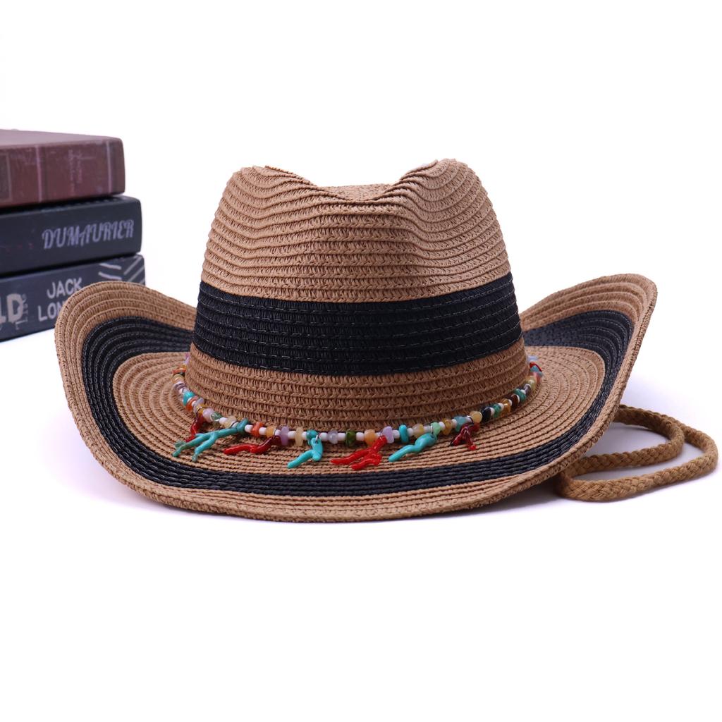 Ethnic Style Decorative Flat Top Top Hat Elegant and Fashionable Flat Brim Straw Hat Seaside Vacation Hat Travel Versatile Sun Hat