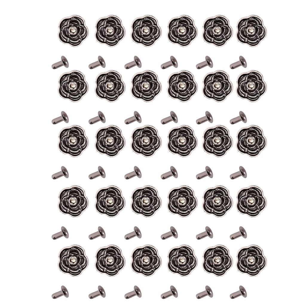 30 Sets Decorative Rivets Antique Silver 14mm Camellia Flower Stud and 3x7mm Iron Trumpet Base for Leather Crafts and