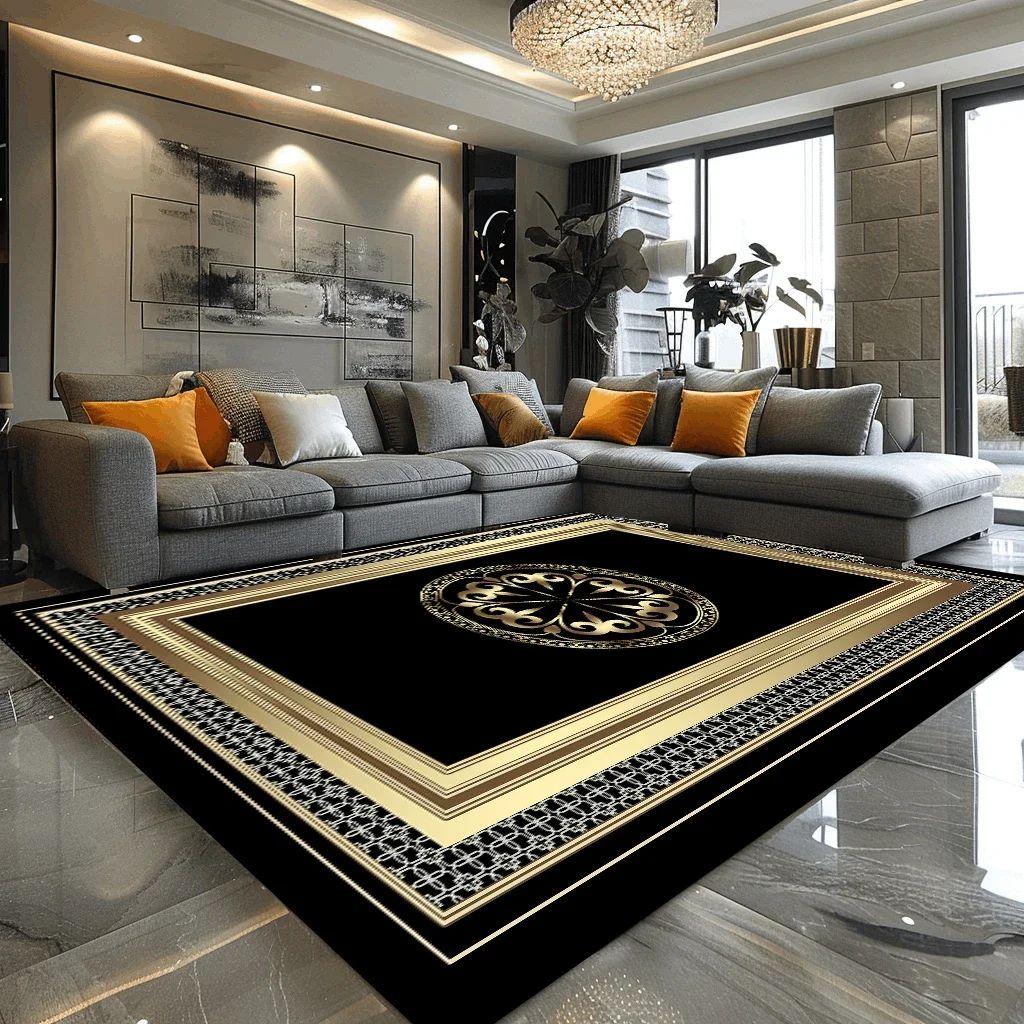Luxury Large European Style Rug—Black Gold Living Room Sofa Carpet, Non-Slip Easy To Clean for Coffee Tables Carpet