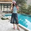 Trendy Summer Textured Loose Straight Slimming Cropped Capri Denim Pants For Women Versatile AllMatch Casual Bottoms