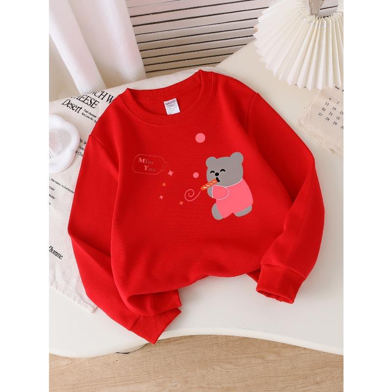 European sizes Girls' Soft Crewneck Sweatshirt, Cute Bear Blowing Whistle with Bottle & Print, Casual All-Match, Ideal Gift