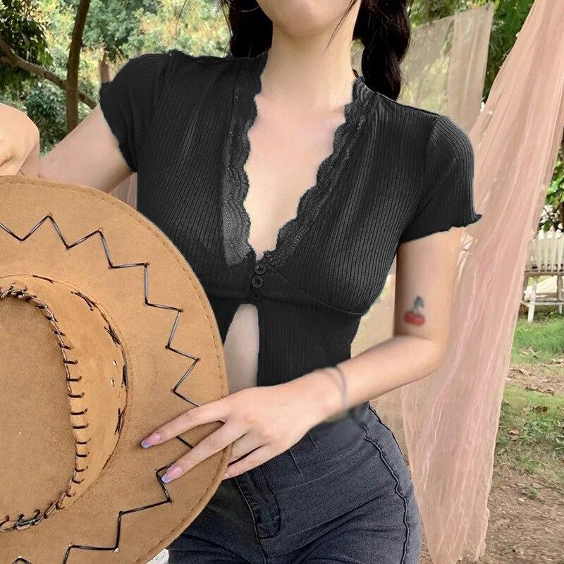 Summer Lace V-neck Slits Slim Fit Inside, Bottoming And Short Top, Silk Stitching Knitted T-shirt