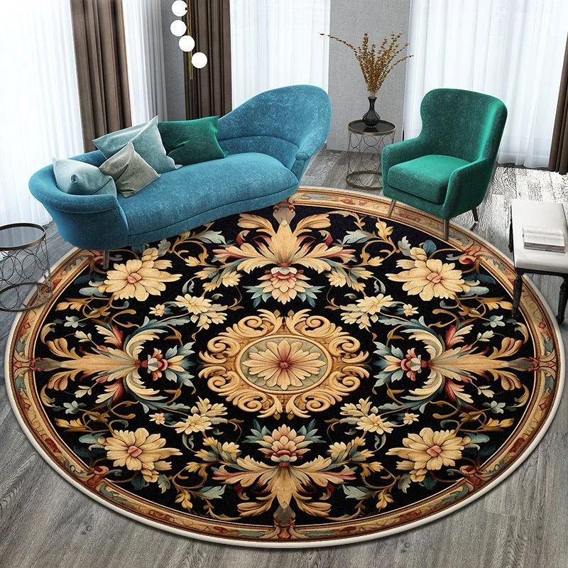 European Style Big Size Round Rug Flower Design Easy Clean Carpet Living Room Soft Foldable Room Decoration Home Mats Washable