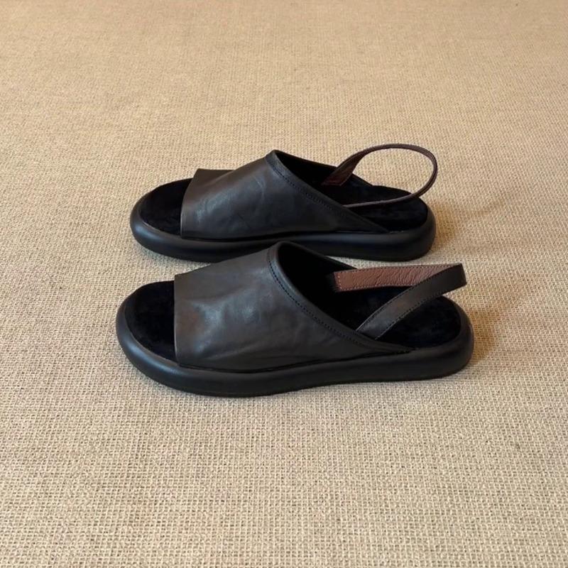 Cowhide version retro open-toed one-word sandals women's summer wear versatile vacation beach shoes flat-bottomed cool slippers
