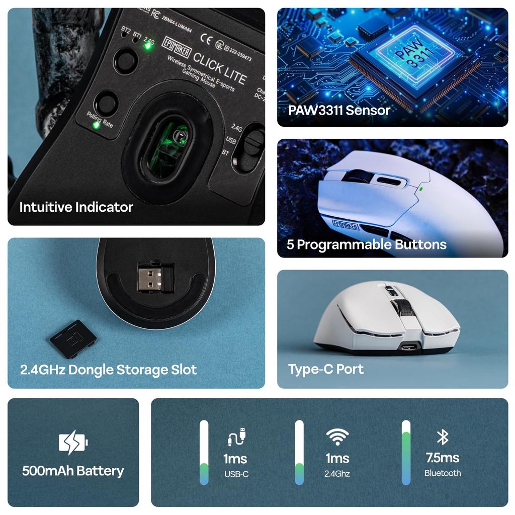 EPOMAKER Click Lite Wireless Gaming Mouse, 800-12,000 DPI Adjustable, PAW3311 Sensor, Ultra-Lightweight 59g, 500mAh Battery, 2.4GHzBluetoothUSB-C