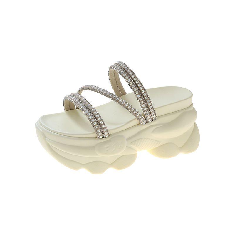 CINESSD Summer Platform Slippers Women Blue Pleated Riband Discolor Ladies Chunky Sole Beach Cool Wedges Slides Shoes Woman