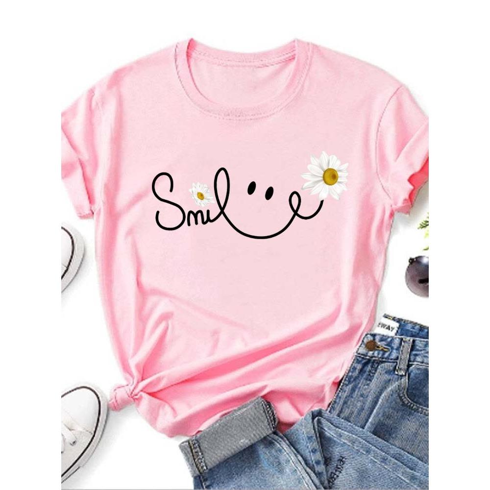 Beautiful Daisy Smile Letter Printed T Shirt Harajuku Fashion Graphic Black T Shirt Shirt Casual O-neck Female Tops Tee
