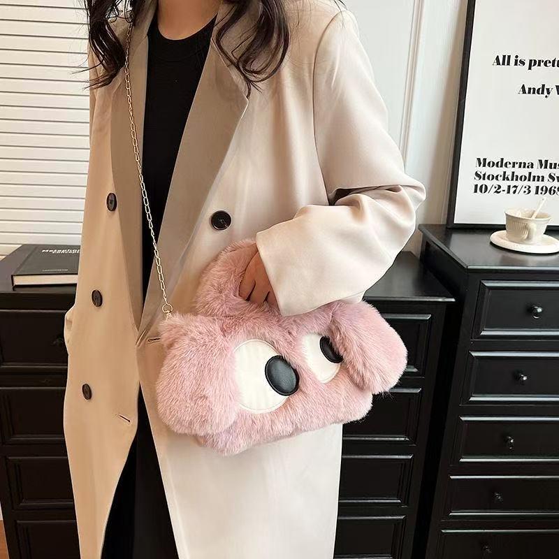 Big-Eyed Dog Plush Crossbody Bag: Faux Rex Rabbit Fur Childlike Tote, Fashionable Cartoon Handbag for All Seasons