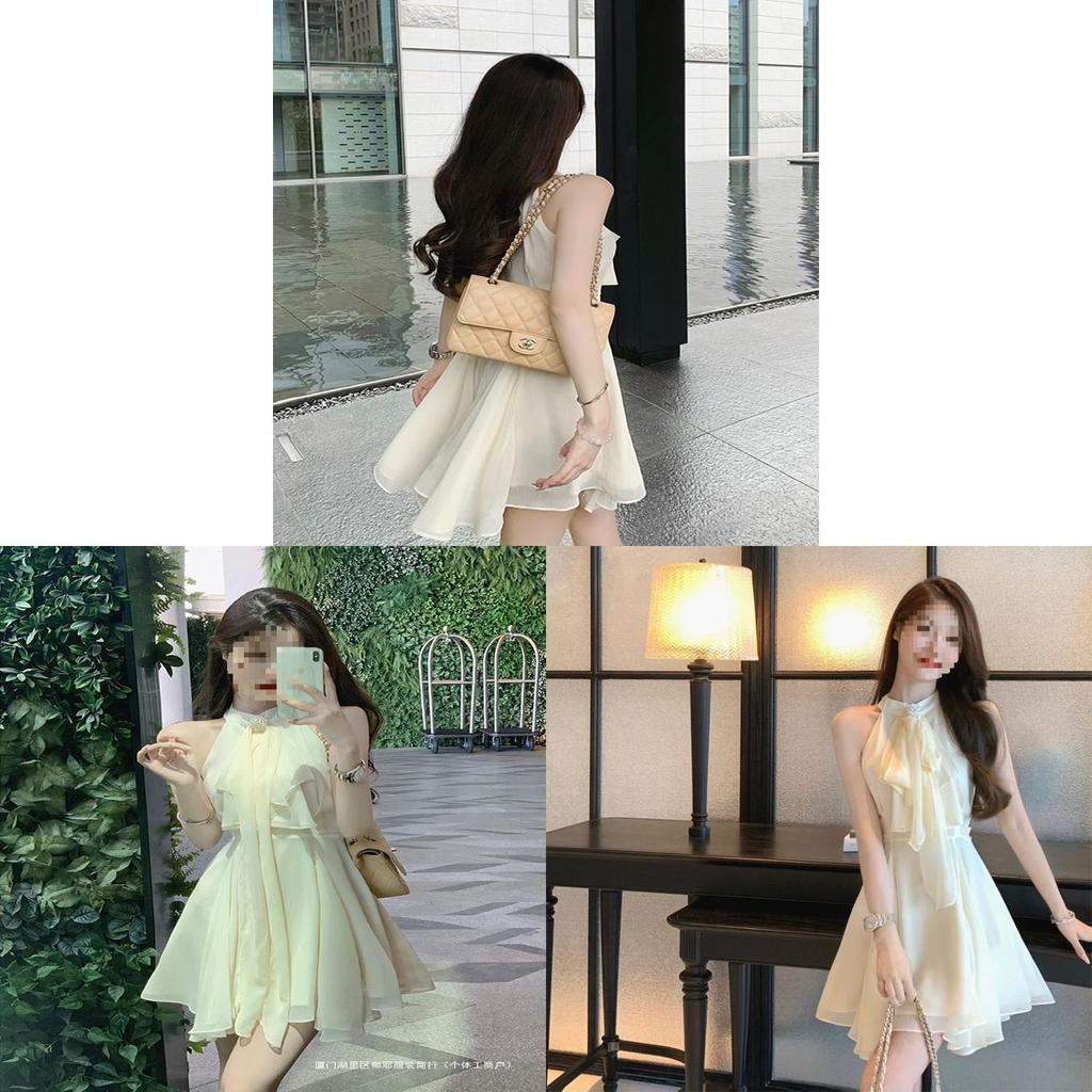 French Lady Irregular Waistless Chiffon Dress With Halter Neck For Summer Fashion