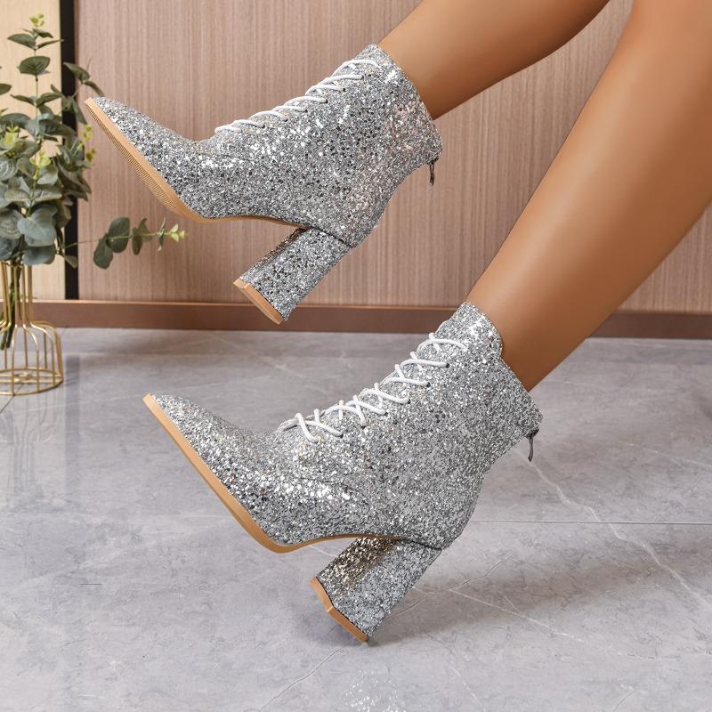 Booties Women Fall Winter New Versatile Gold Pointed Toe Block Heel Pump Shoes