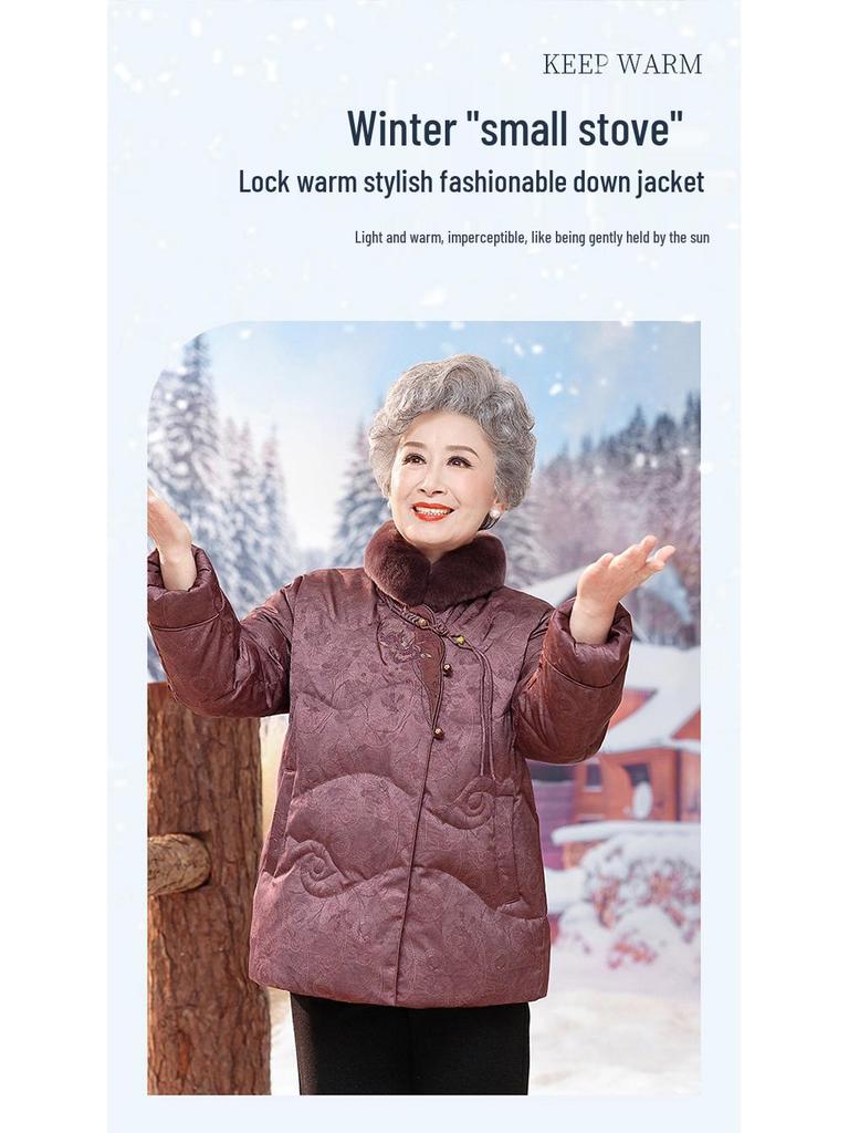 Elderly Women's Rabbit Fur Collar Tang Suit Winter Down Jacket