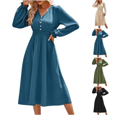 Γυναικείο Casual και Μοντέρνο Φόρεμα Φθινοπώρου και Χειμώνα με V-λαιμόκοψη, Ζώνη στη Μέση, Μονόχρωμο, Μεσαίου Μήκους