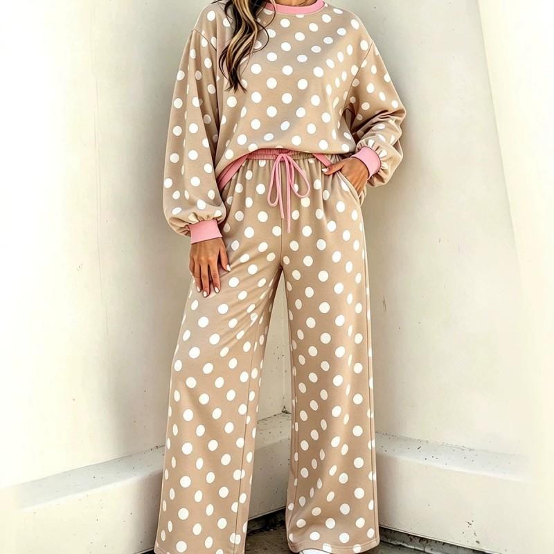 Womens Polka Dot Casual Two-Piece Set With Multiple Pockets Long Sleeve Hoodie Pants Soft Stretch Fabric
