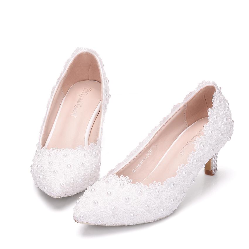 Crystal Queen Women Shoes White Lace Wedding Shoes 5CM High Heels Shoes White Lace Sweet Pumps