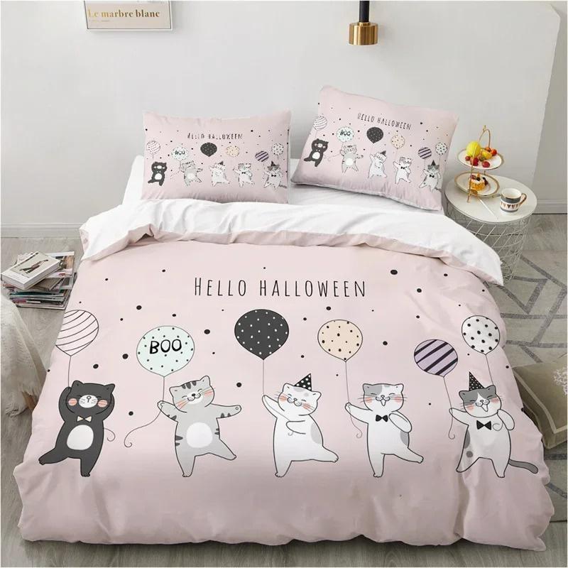 Cute Cartoon Animals Pink Toddler Bedding Set 3D Funny Cat Print Duvet Cover Twin Queen Size For Teens Kids Girls Bedroom Decor