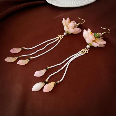 New Chinese Style Glazed Lotus Pearl Rice Bead Fringed Ear Hook Fairy Elegant Antique Hanfu Earrings