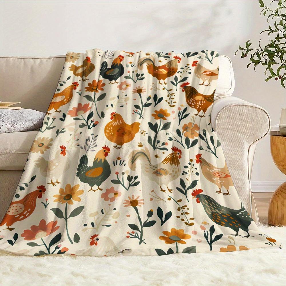 1pc Chicken Element Blanket, Vintage Illustration Style, Chickens On The Farm, Flowers, Plants, Animals, Birds, Soft And Warm Pr