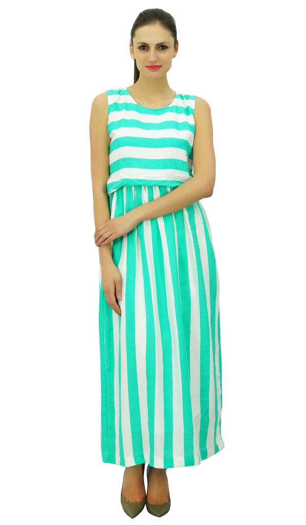 Bimba Women Long Sleeveless Maxi Dress Stripe Print Rayon Beach Holiday