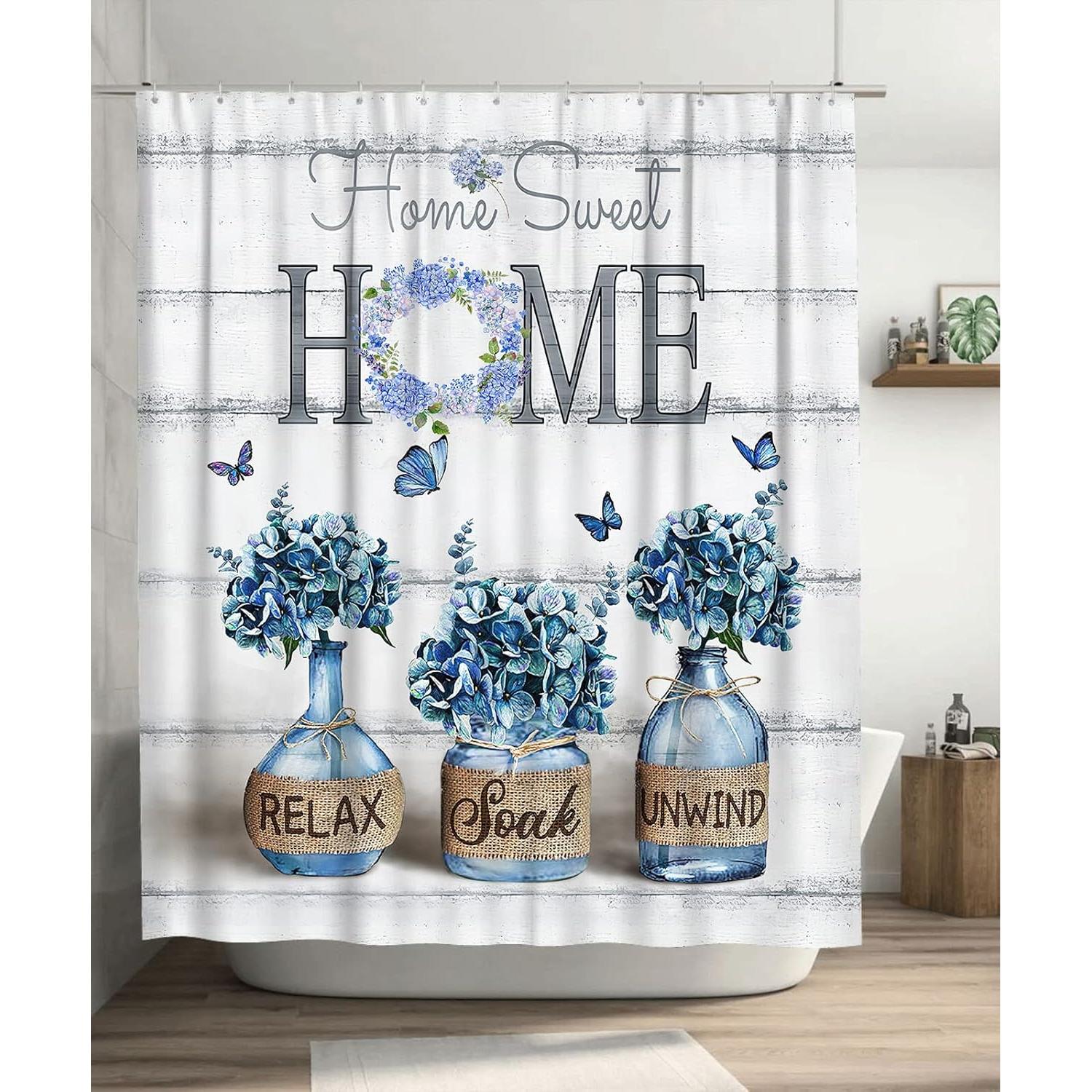

Tijuboni Farmhouse Hydrangea Shower Curtain Blue Flower Shower Curtains for Neutral Country Floral Bathroom Decor Rustic Shower 90x180cm