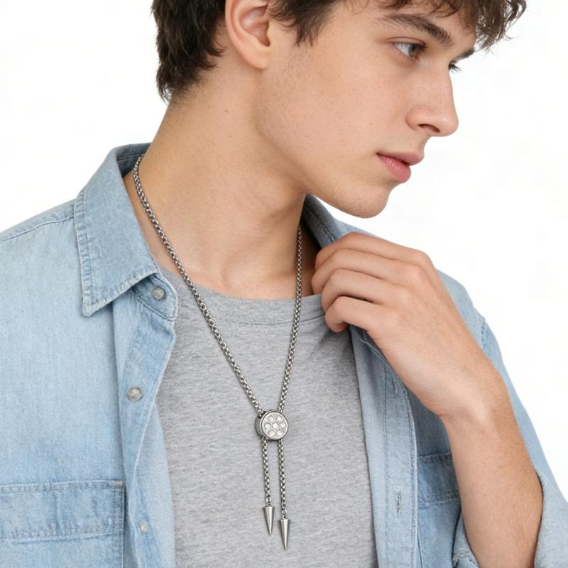 Elegant Round Shaped Neckwear Rhinestones Accented Unisex Stainless Steel Necklace Slidable for Gifting and Daily Use