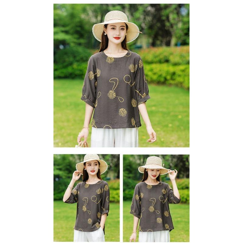 Summer Printed Cotton and Linen T-shirt Mid-sleeve Fashionable Shirt Loose Large Size Middle-aged and Elderly Women's Summer Top