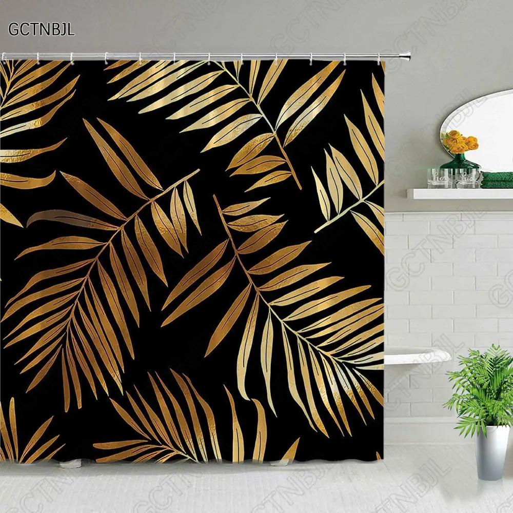 

Tropical Green Plant Bathroom Shower Curtains Black Background Gold Palm Leaf Pattern Bath Curtain Waterproof Bathtub Home Decor 47x70in-120x180cm