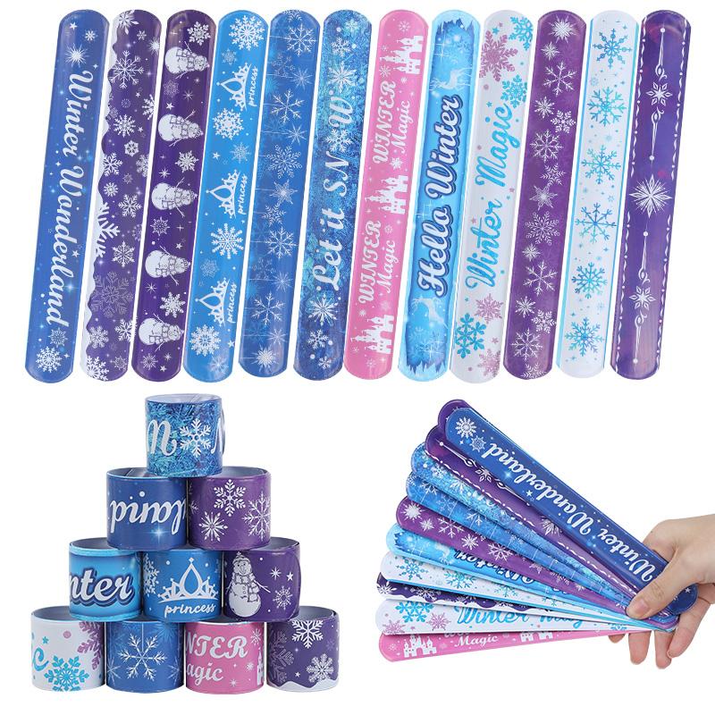 12Pcs Frozen Party Snowflake Slap Bracelets Kids Birthday Party Favors Goodie Pinata Fillers 2025 Winter Christmas Party Gifts