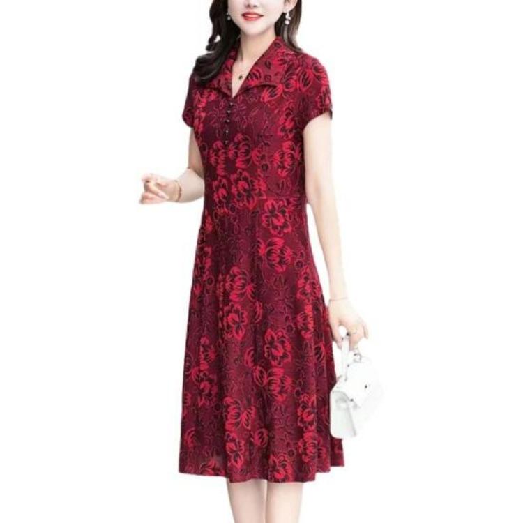 Spring Fall Floral Printed V Neck Lapel Collar Short Sleeves A-Line Midi Dress Casual Knee Length Dress for Women Middle Aged Ladies