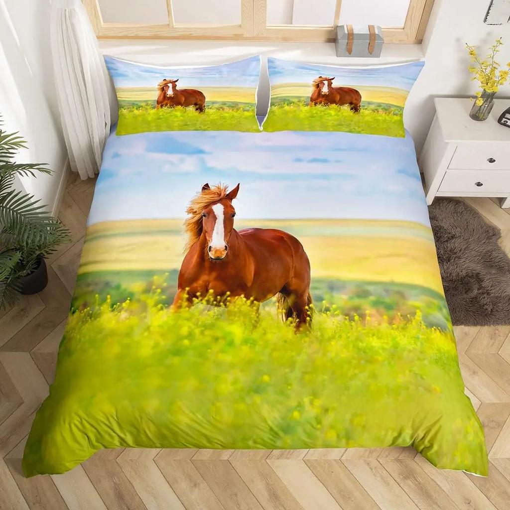 Pferde-Bettwäsche-Set für Mädchen Rustikales Bauernhofpferd Bettbezug Queen Rosa Kirschblüten-Deckenbezug Farbverlauf-Tagesdecke