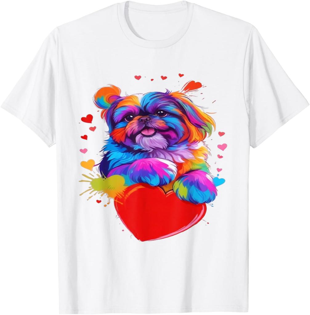 Colorful Shih Tzu Heart Graphic T-Shirt Cute Dog Lover Casual Short Sleeve Tee